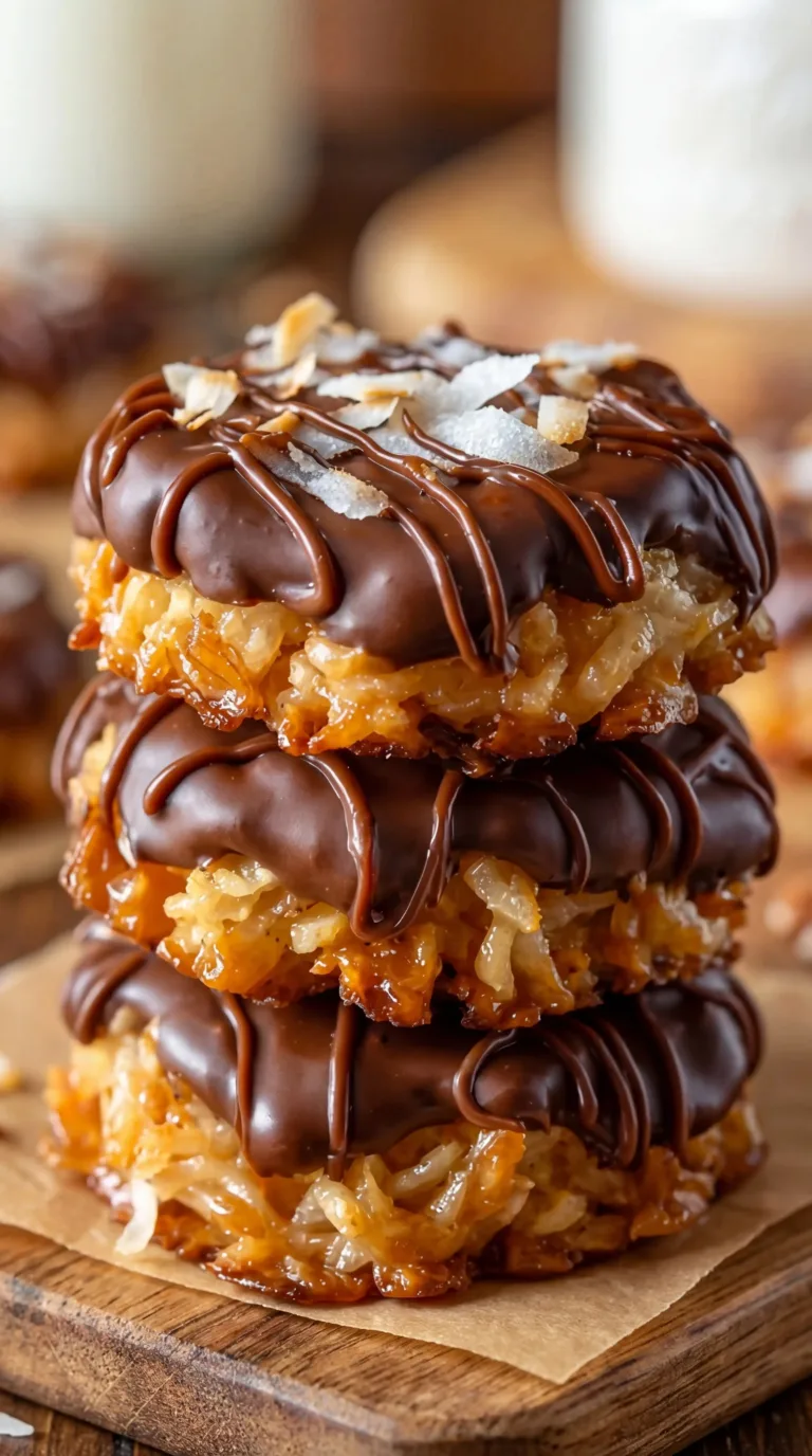 No bake Samoa cookies with chocolate, caramel, and coconut topping