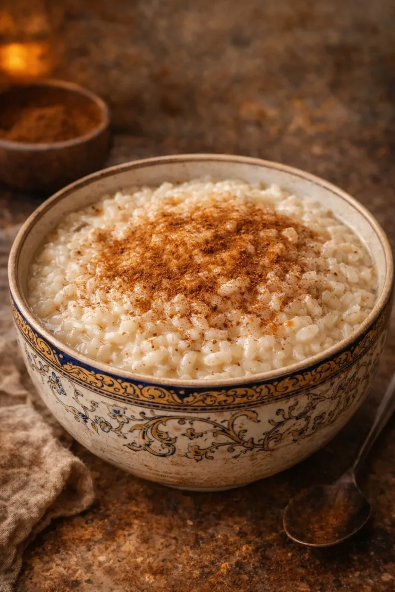 Bowl of homemade old fashioned rice pudding topped with cinnamon and raisins