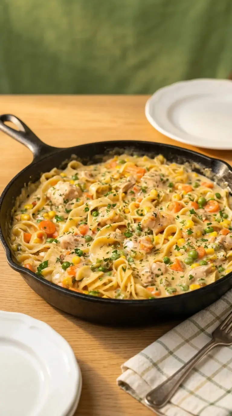 One-Pot Chicken Pot Pie Pasta served in a bowl with fresh herbs and vegetables