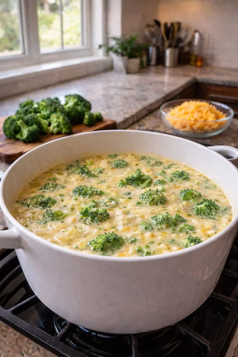 Bowl of homemade Panera broccoli cheese soup garnished with fresh herbs