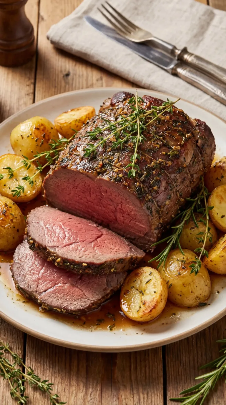 Perfectly cooked roast beef, juicy and tender, served for dinner