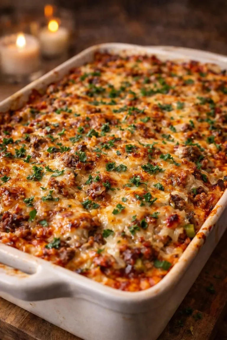 Philly Cheesesteak Casserole topped with melted cheese and peppers