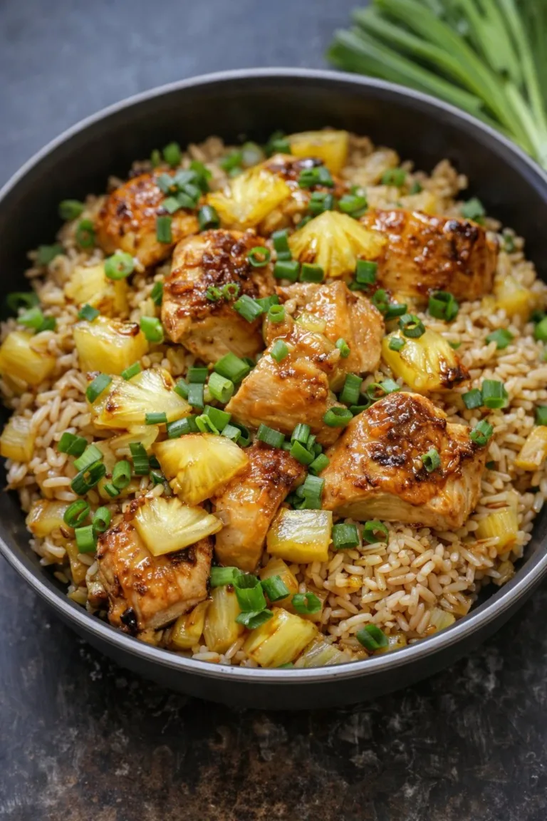 Delicious Pineapple Chicken served with fluffy rice garnished with fresh herbs