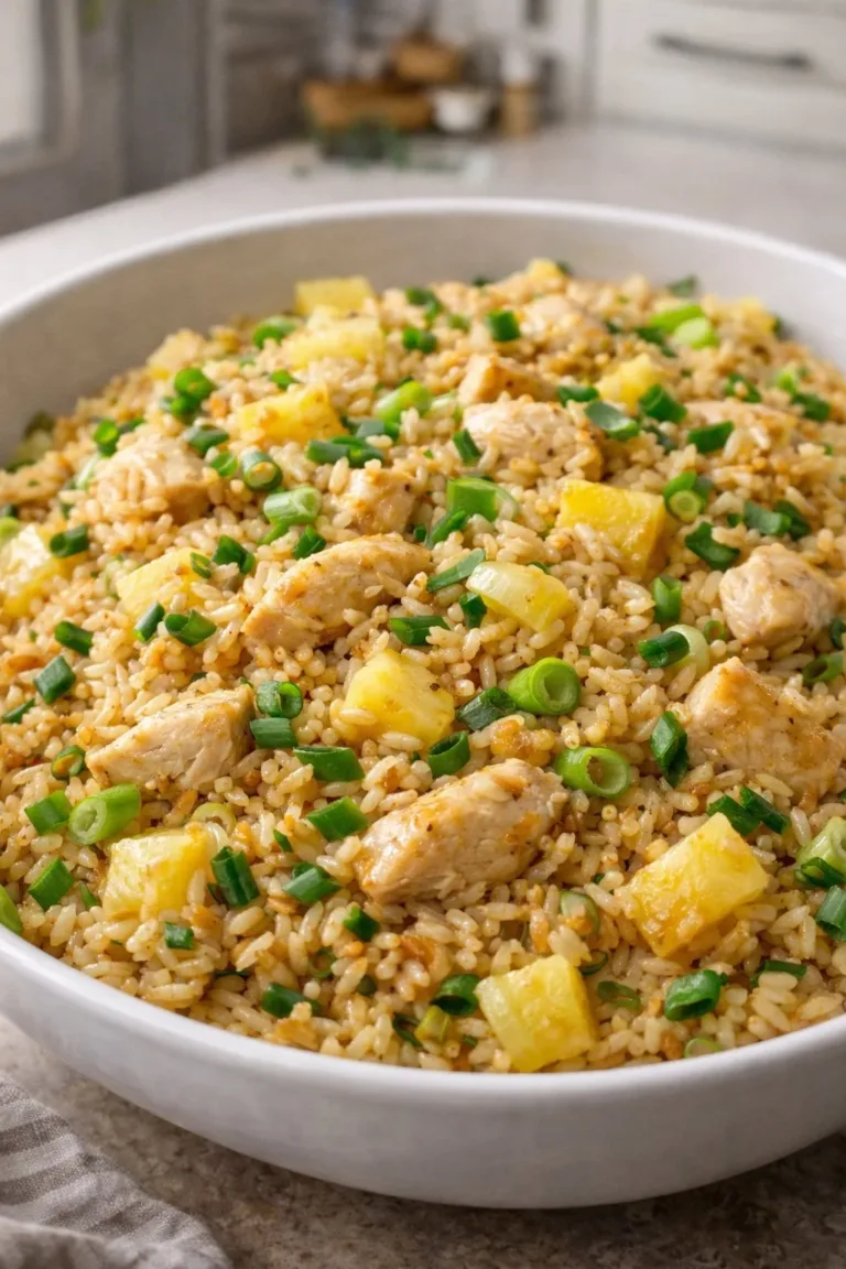Plate of Pineapple Chicken Fried Rice with colorful vegetables and pineapple chunks
