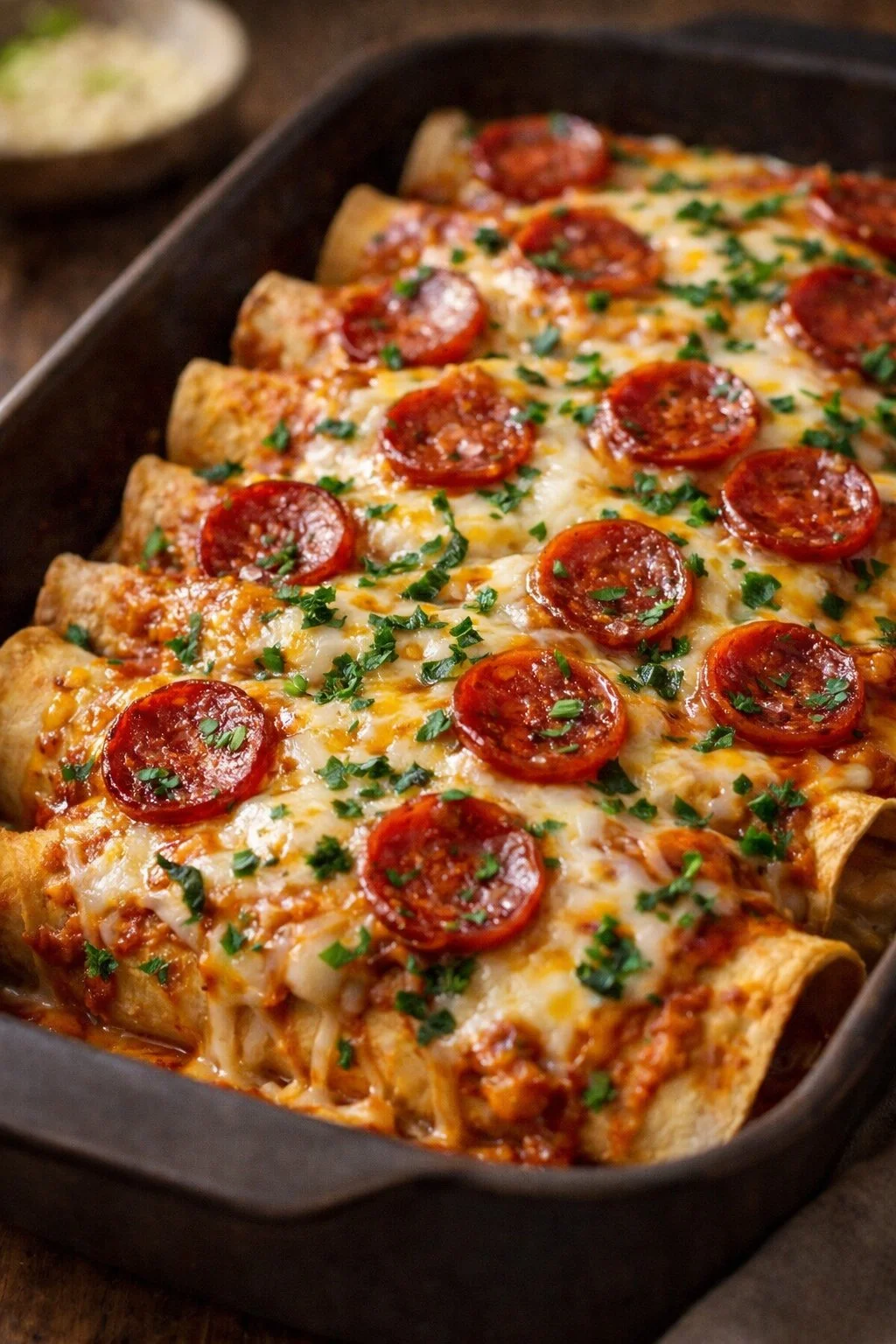 Pizza Enchiladas with Pepperoni & Beef