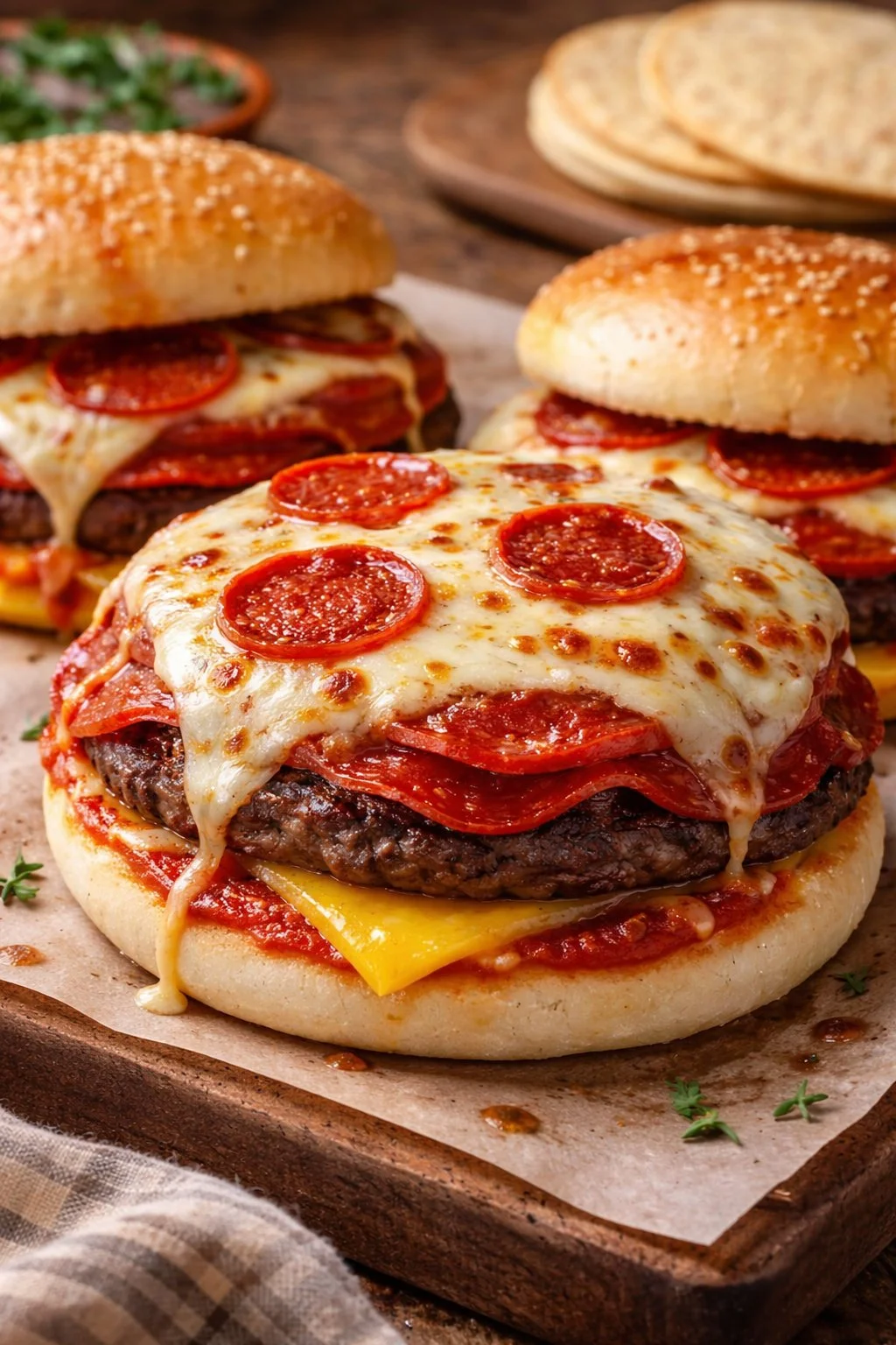 Savor the Yum: Tasty Pizza Burgers for Quick Family Fun 6 A mouthwatering pizza burger topped with cheese, pepperoni, and fresh basil.