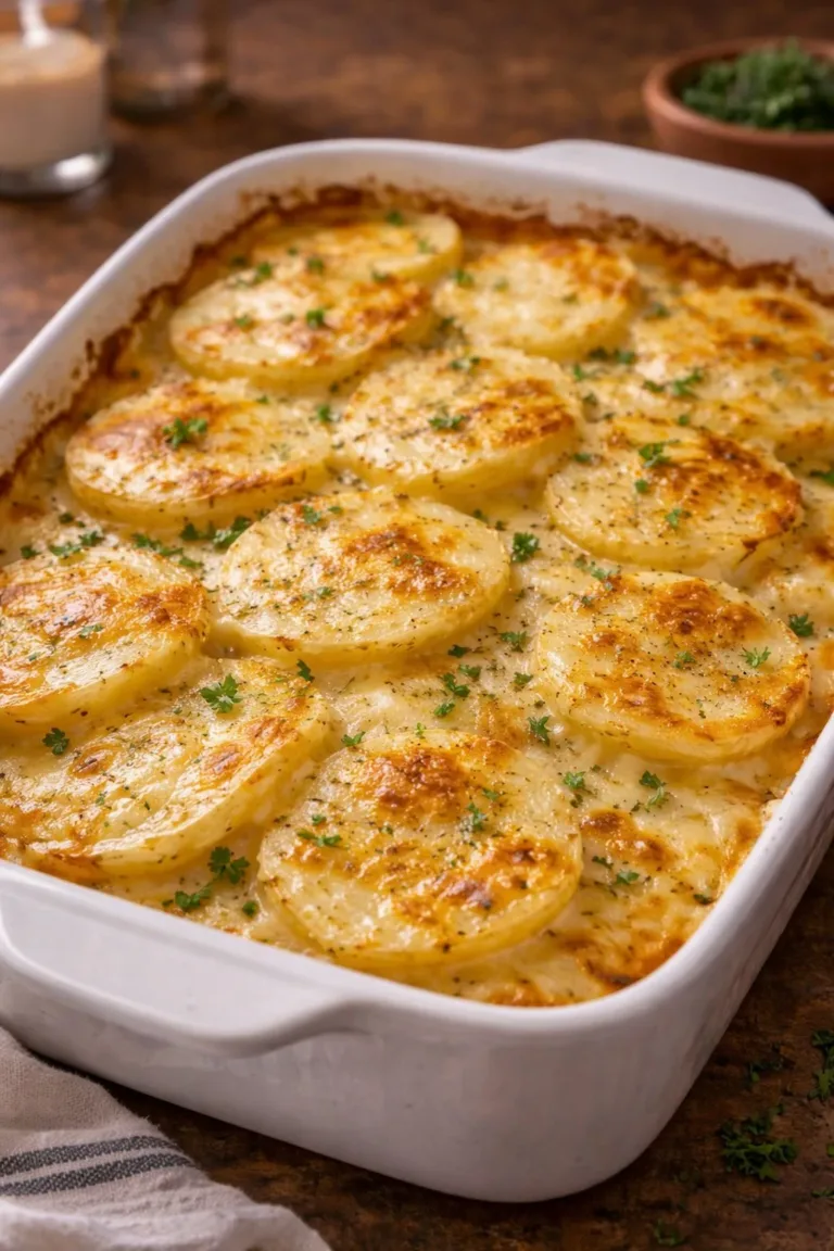 Baked scalloped potatoes with a creamy cheese sauce