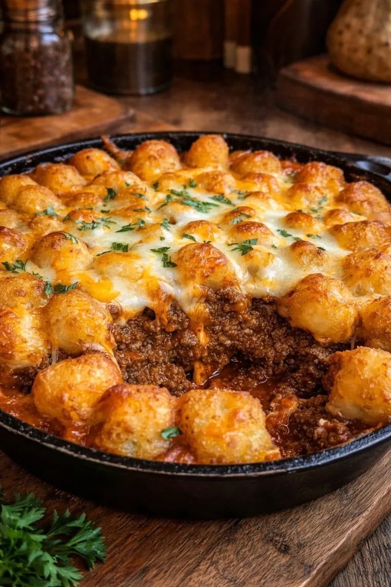 Sloppy Joe Tater Tot Casserole served in a baking dish with toppings