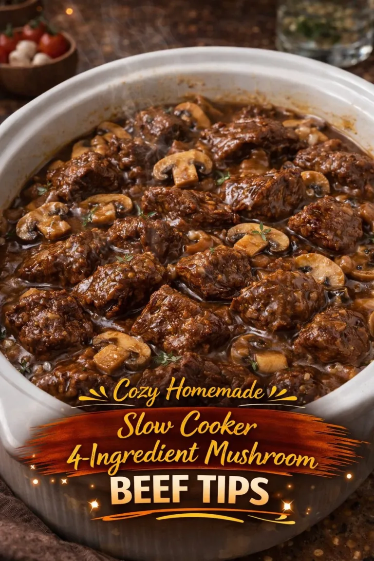 Slow cooker mushroom beef tips recipe with four ingredients.