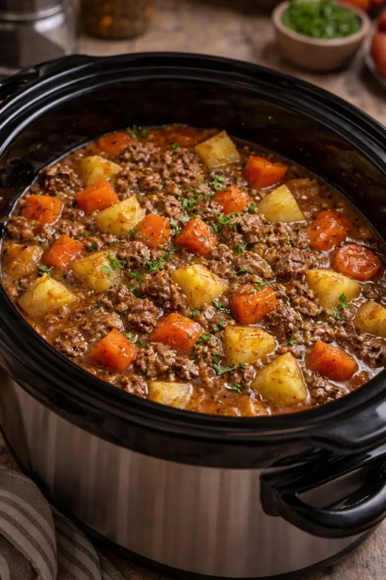 Delicious bowl of Slow Cooker Poor Man's Stew with vegetables and meat