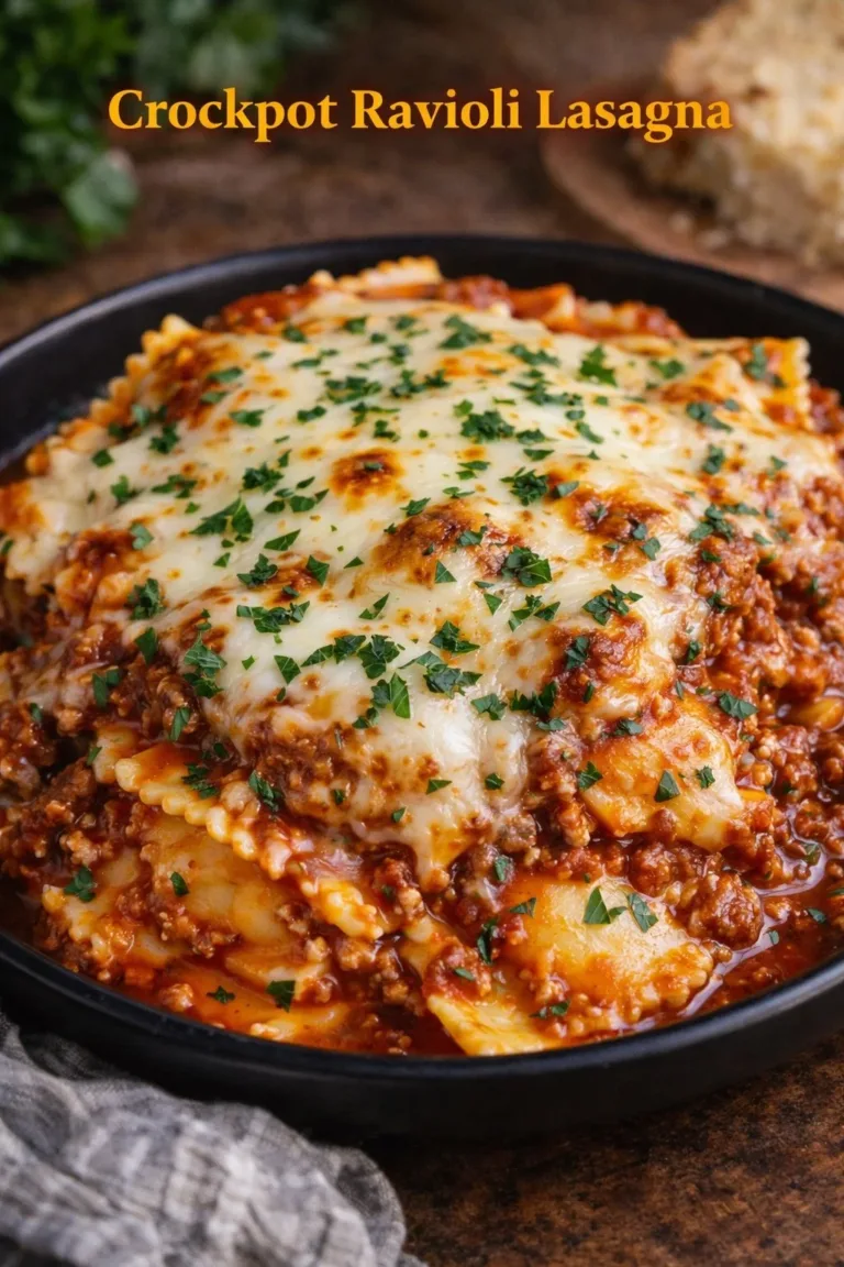 Slow cooker ravioli lasagna with layers of pasta, cheese, and sauce