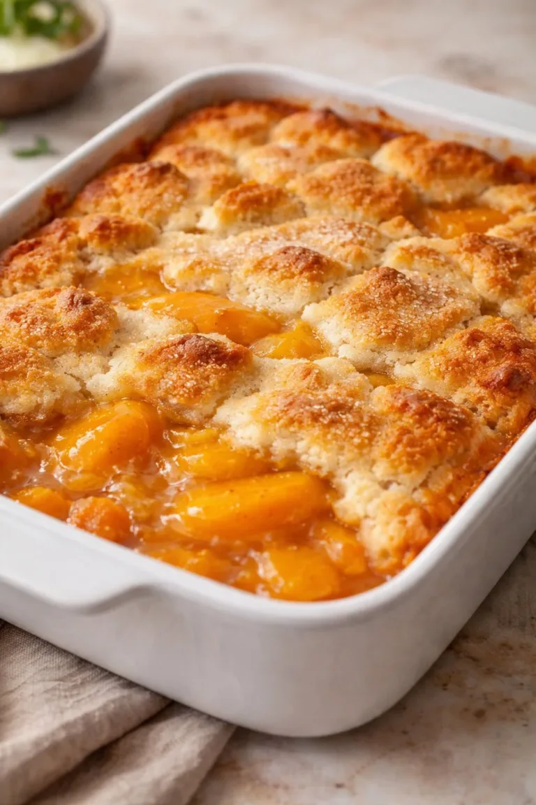 Delicious Southern peach cobbler fresh out of the oven with golden crust.