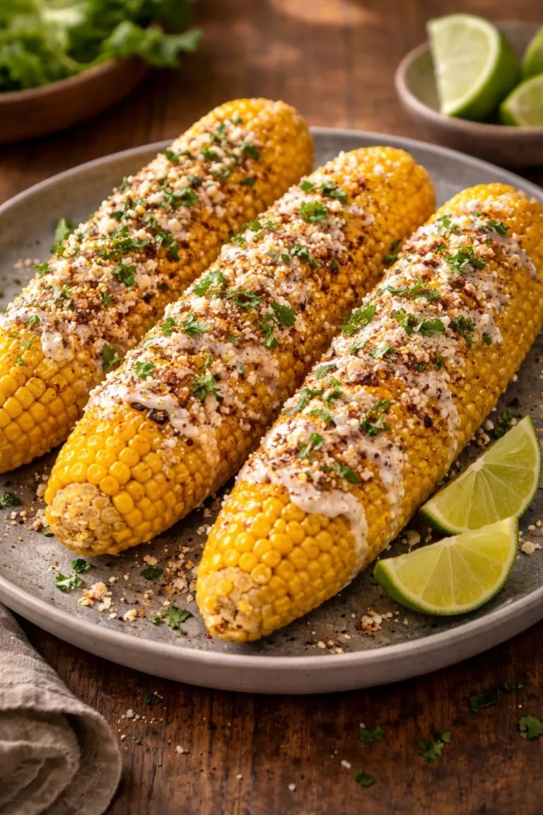 Delicious spicy Mexican street corn garnished with cheese and chili powder
