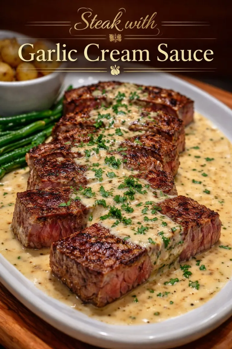 Juicy steak served with rich garlic cream sauce on a plate