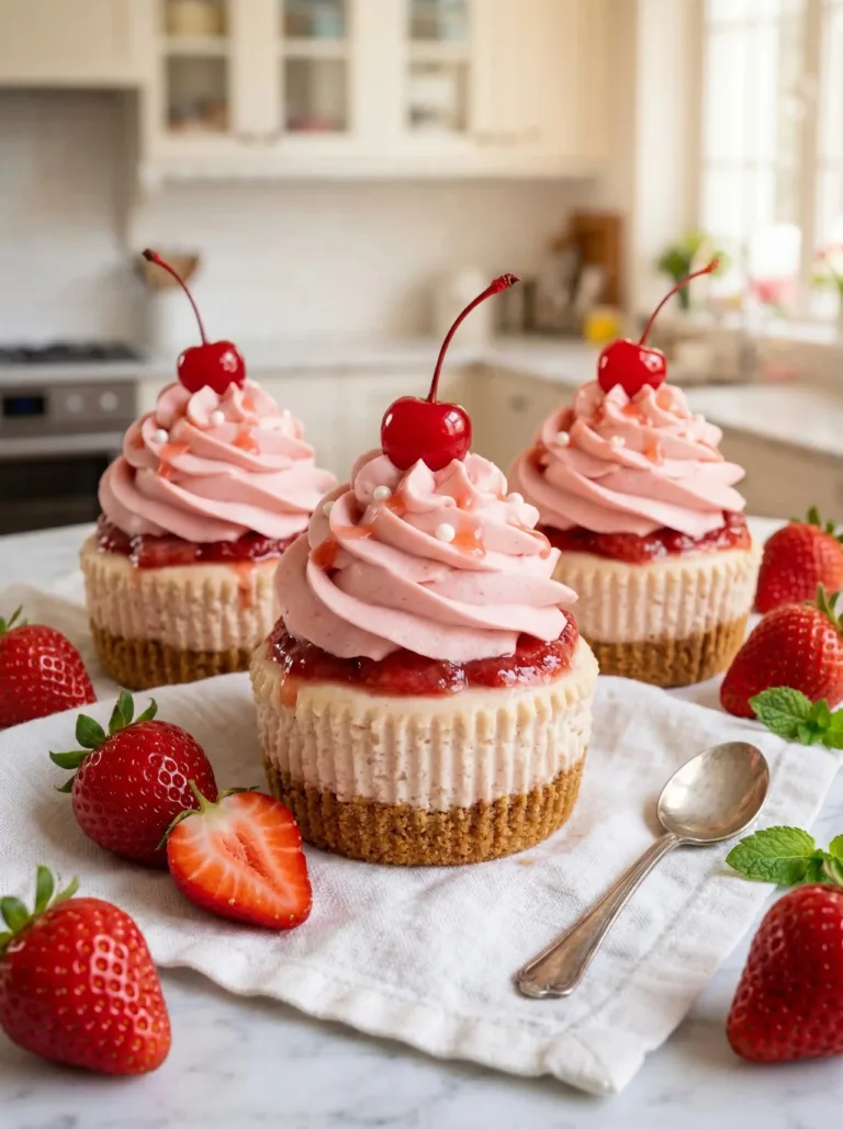 Strawberry Milkshake Cupcakes topped with whipped cream and fresh strawberries