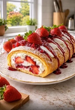 Strawberry Shortcake Cheesecake Roll with fresh strawberries and cream