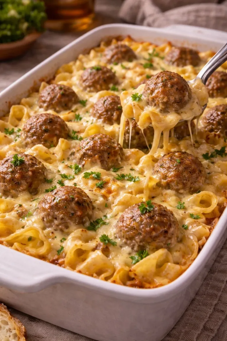 Delicious Swedish meatball pasta bake topped with cheese and fresh herbs