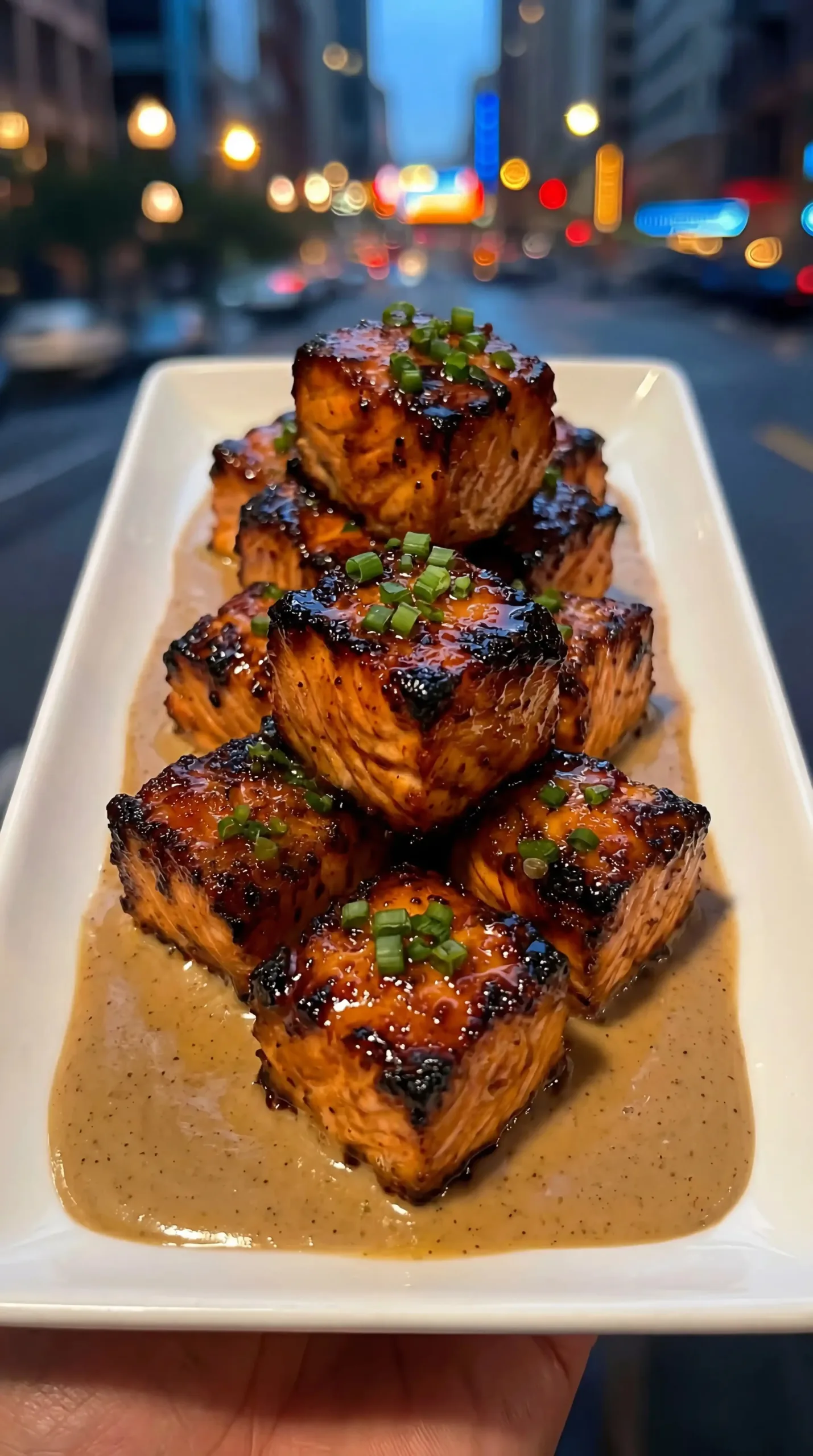 Sweet Chili Salmon Bites with Coconut Cream Sauce