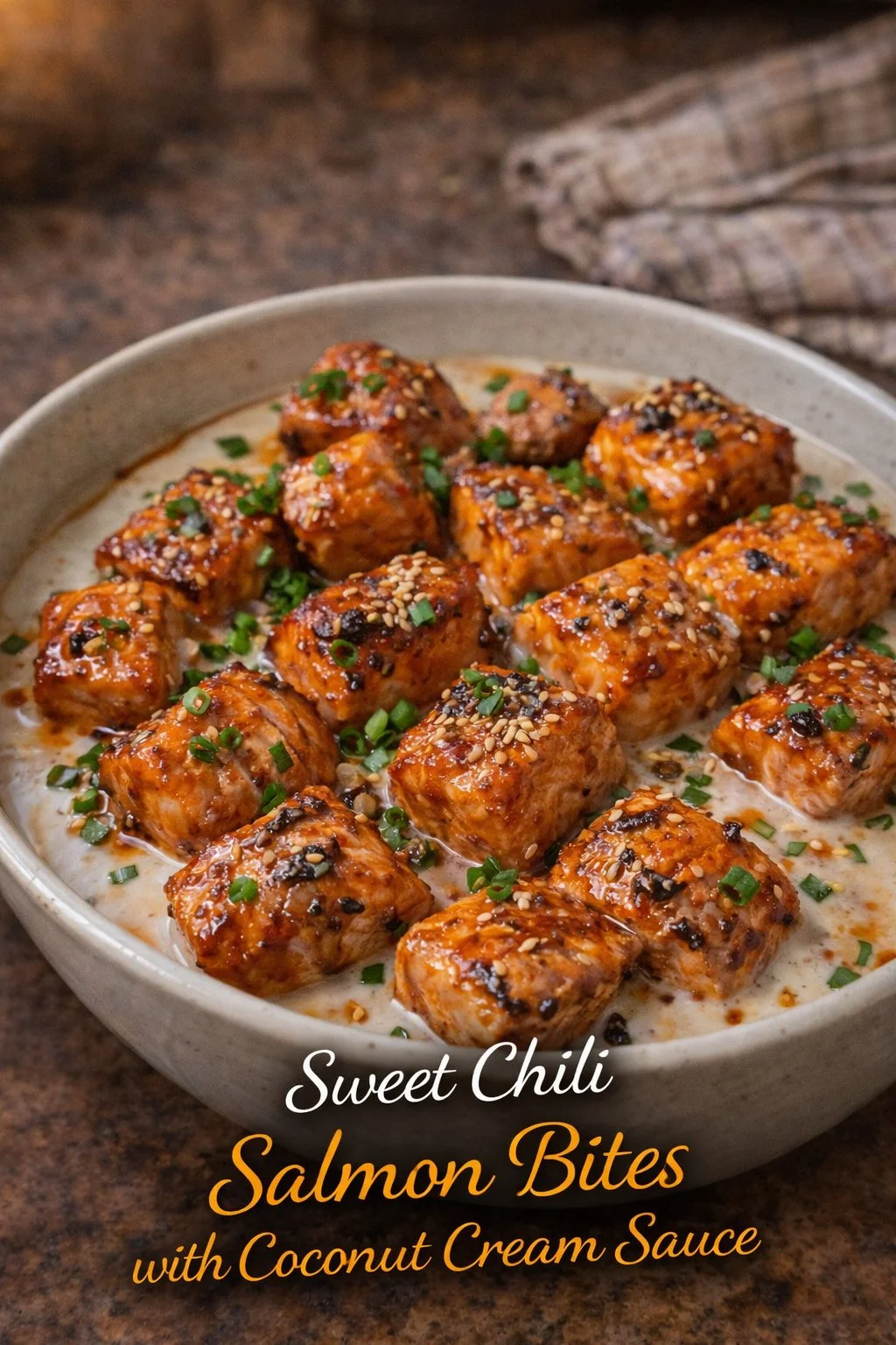 Sweet Chili Salmon Bites with Coconut Cream Sauce