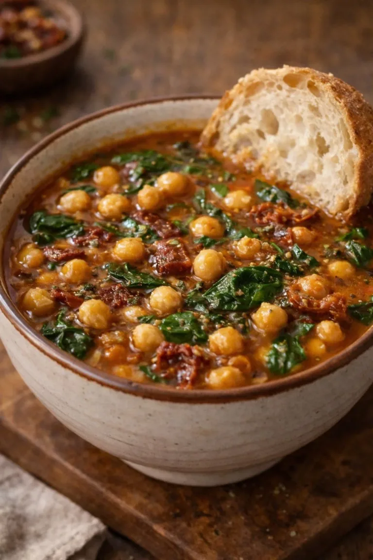 Bowl of Tuscan garbanzo bean soup with fresh herbs and vegetables