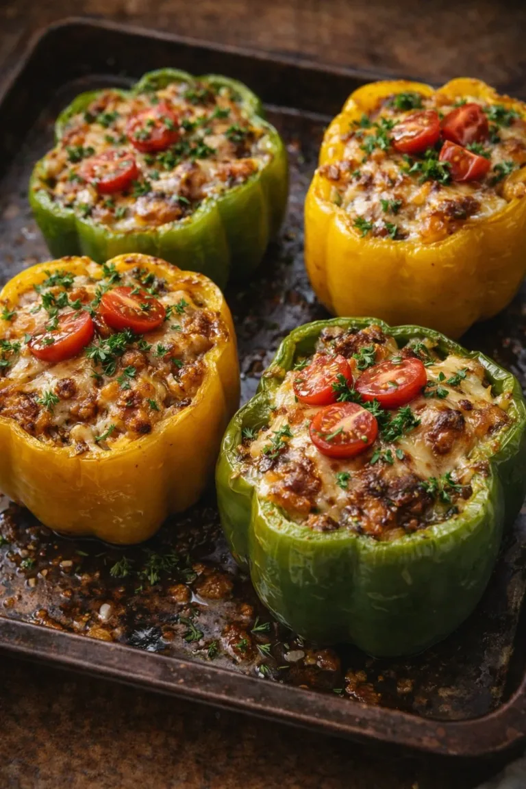 Vegetarian stuffed bell peppers filled with rice and vegetables on a plate