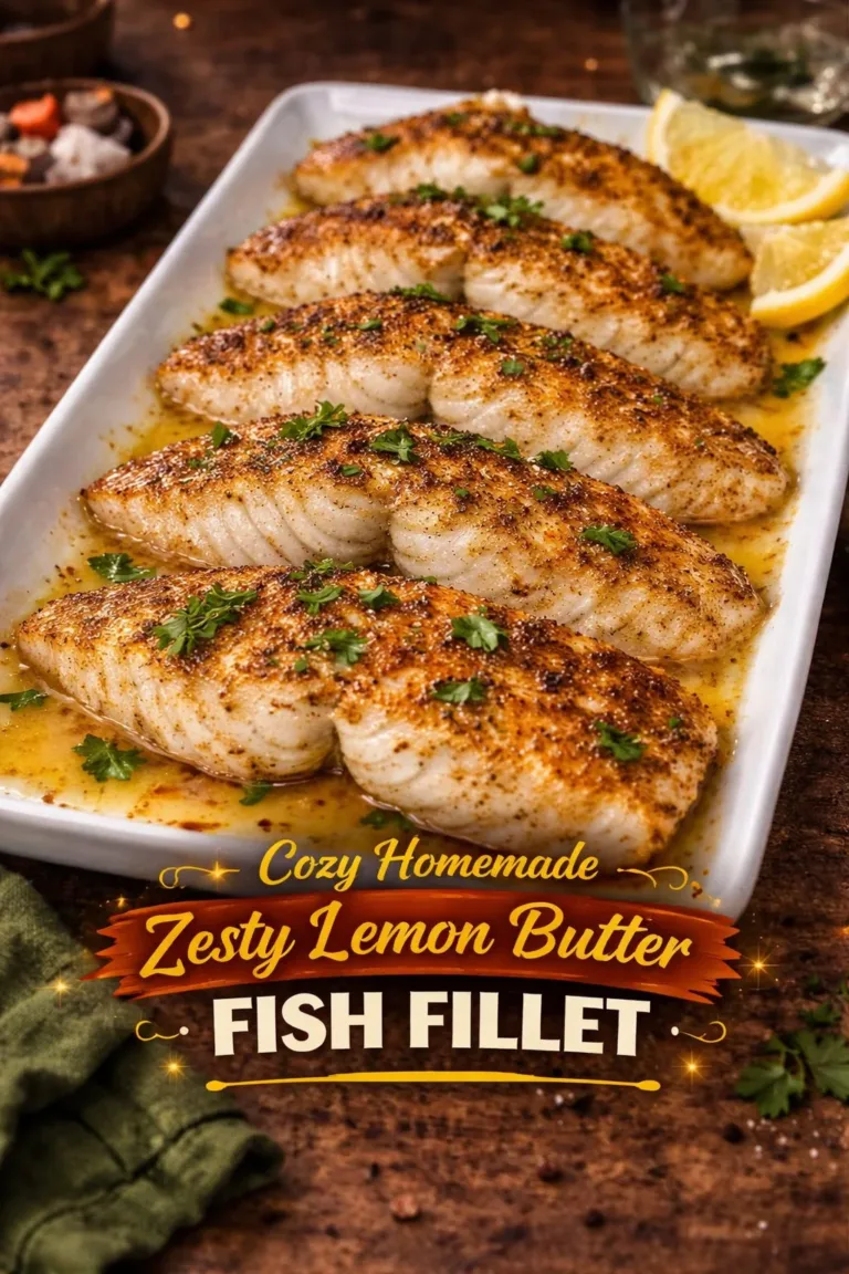 Zesty lemon butter fish fillet garnished with fresh herbs and lemon slices