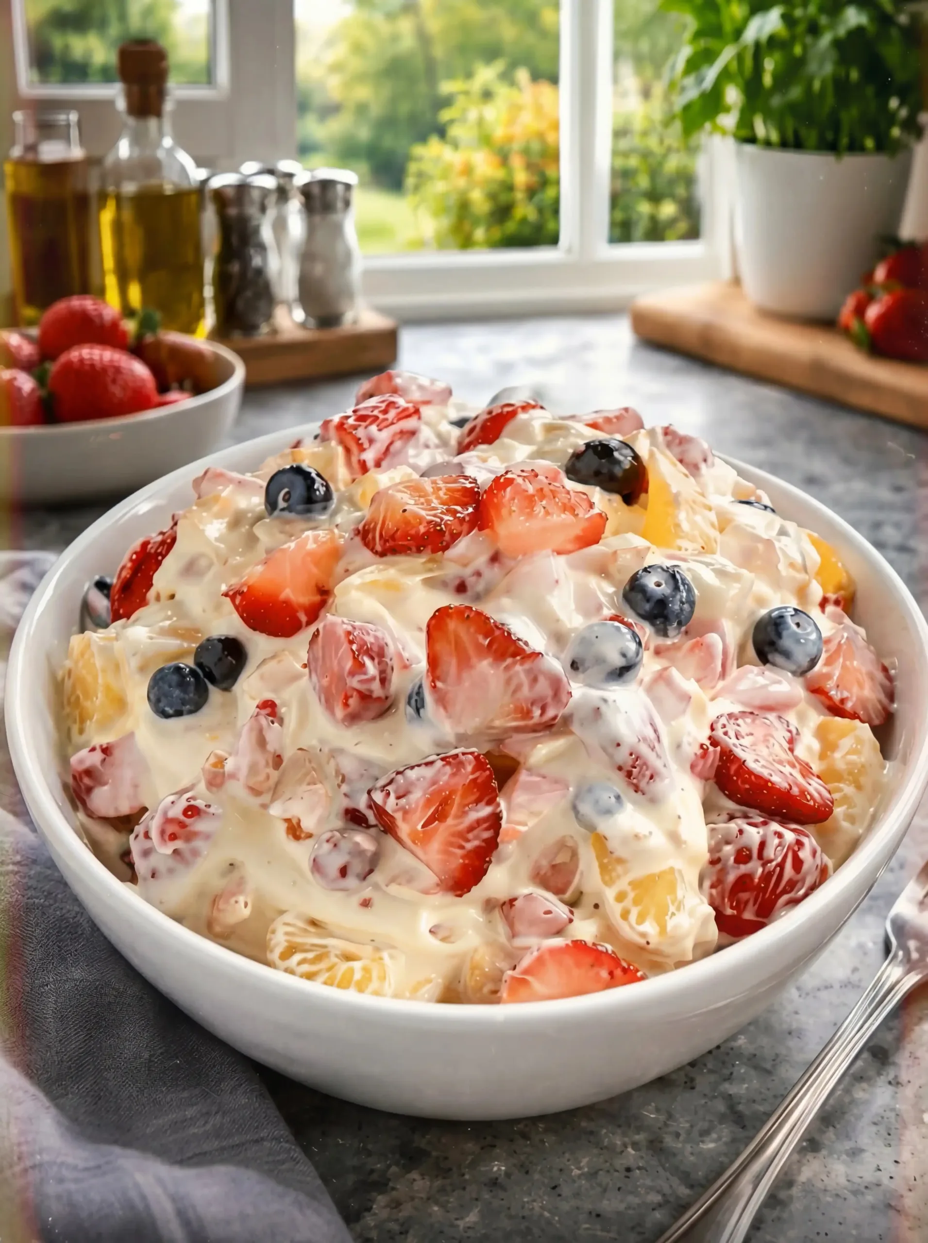 Berry cheesecake fruit salad featuring fresh berries and cheesecake cream topping.