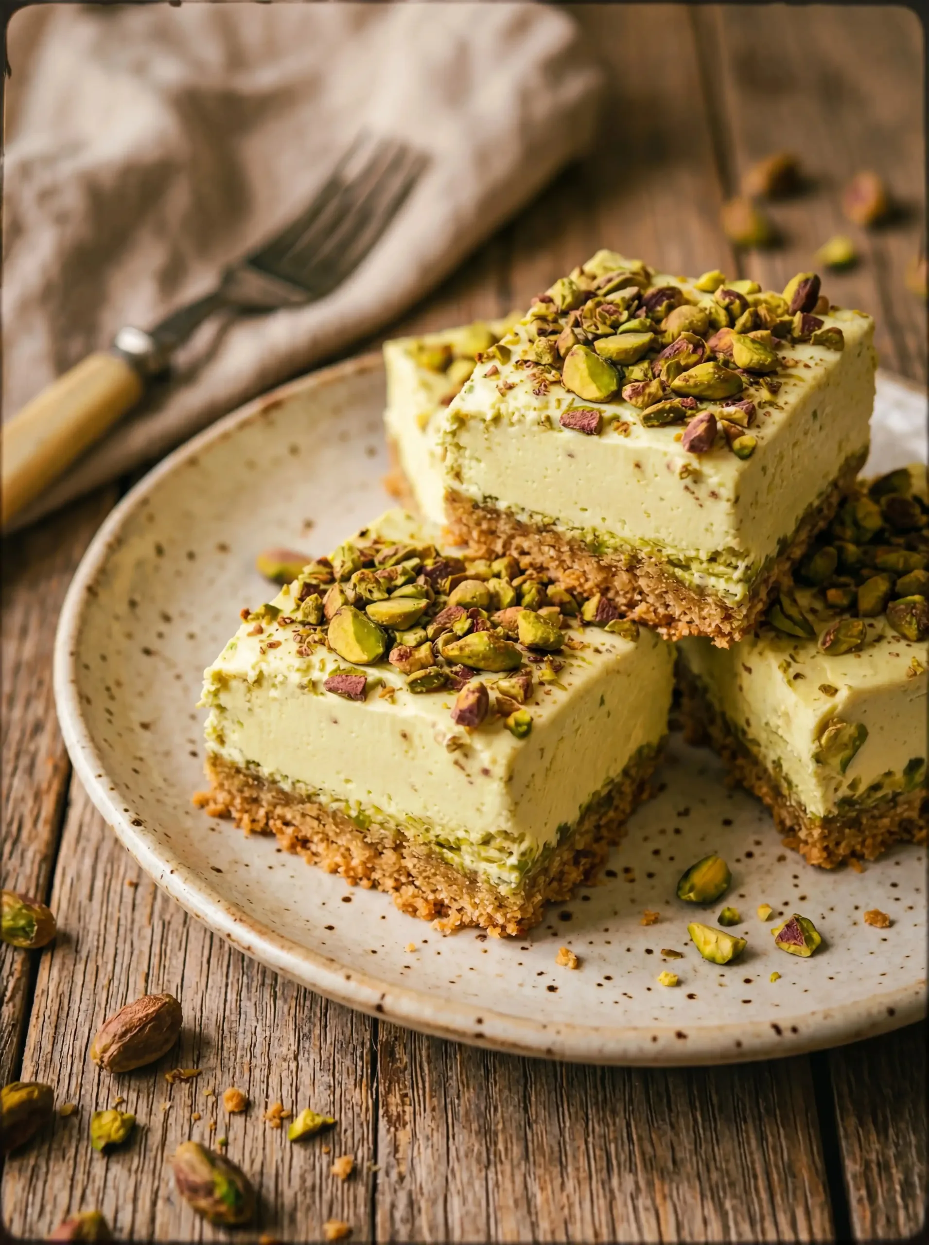 Creamy pistachio cheesecake bars with a nutty crust and rich topping
