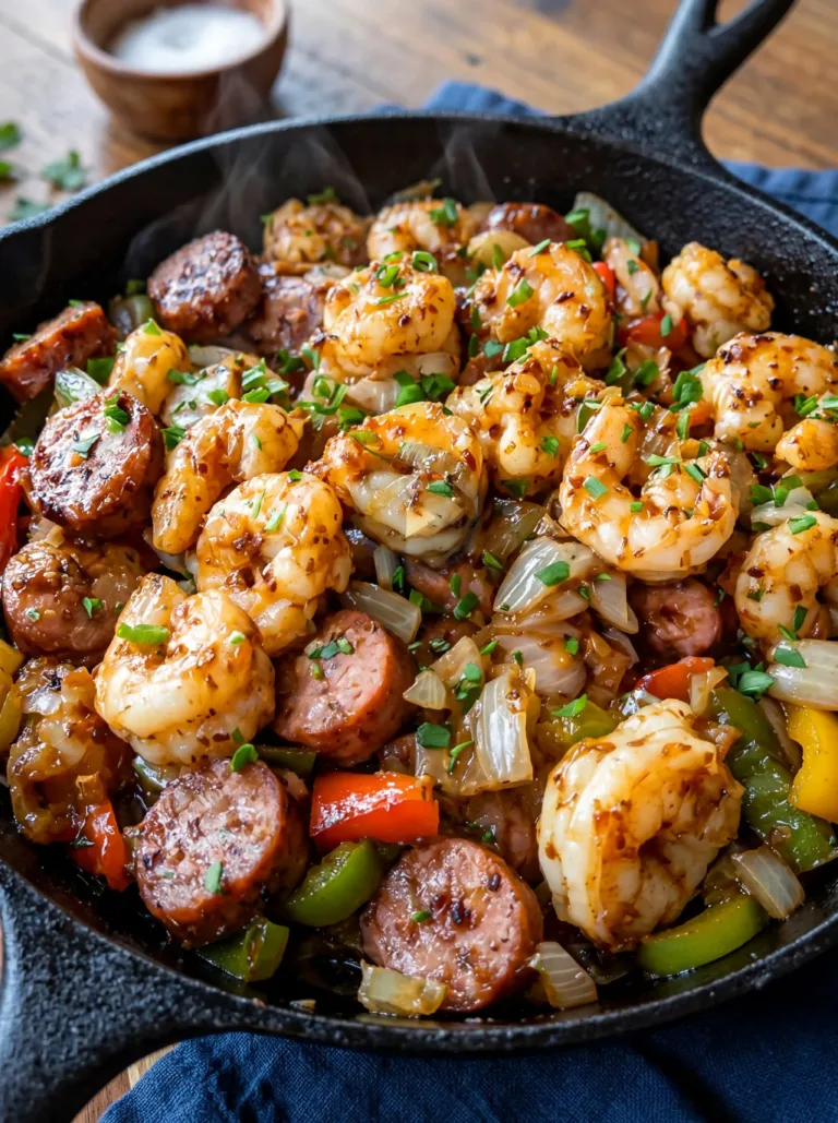Keto Cajun shrimp and sausage skillet in a pan, colorful and spicy dish