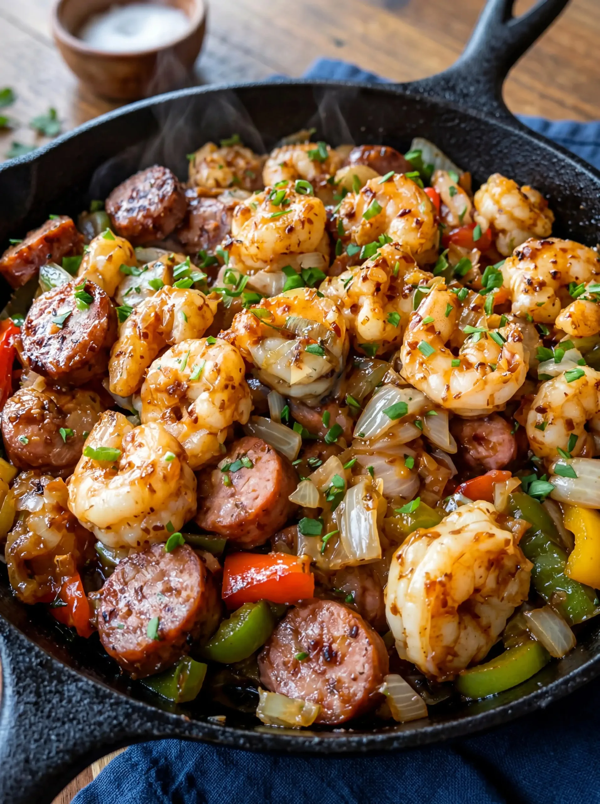 Keto Cajun shrimp and sausage skillet in a pan, colorful and spicy dish