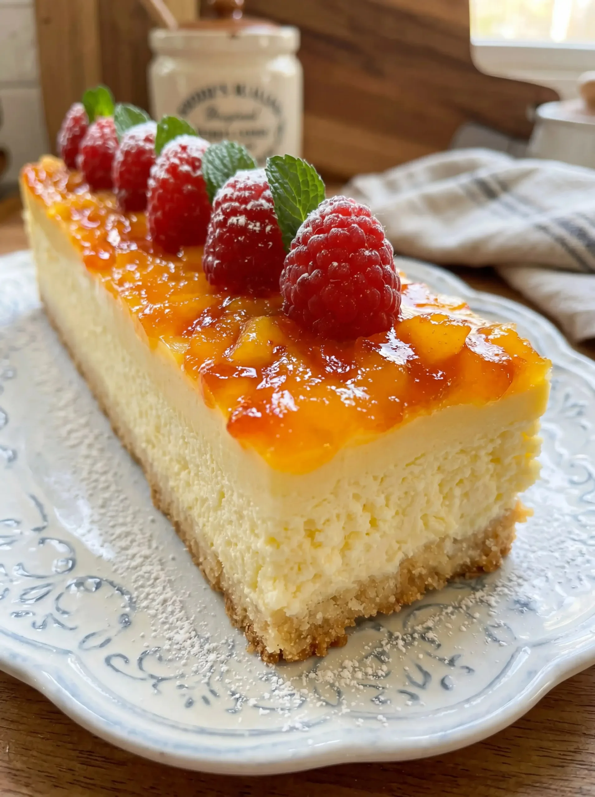 Delicious Peach Raspberry Cheesecake topped with fresh raspberries and peaches