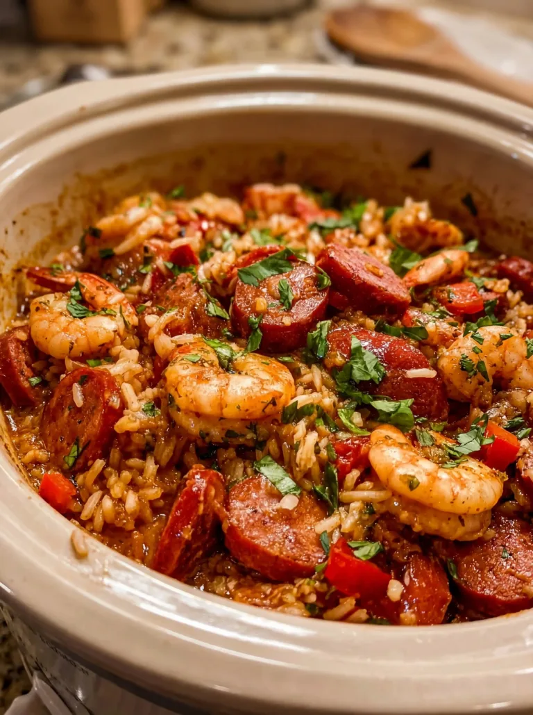 A flavorful bowl of slow cooker jambalaya with shrimp, sausage, and rice