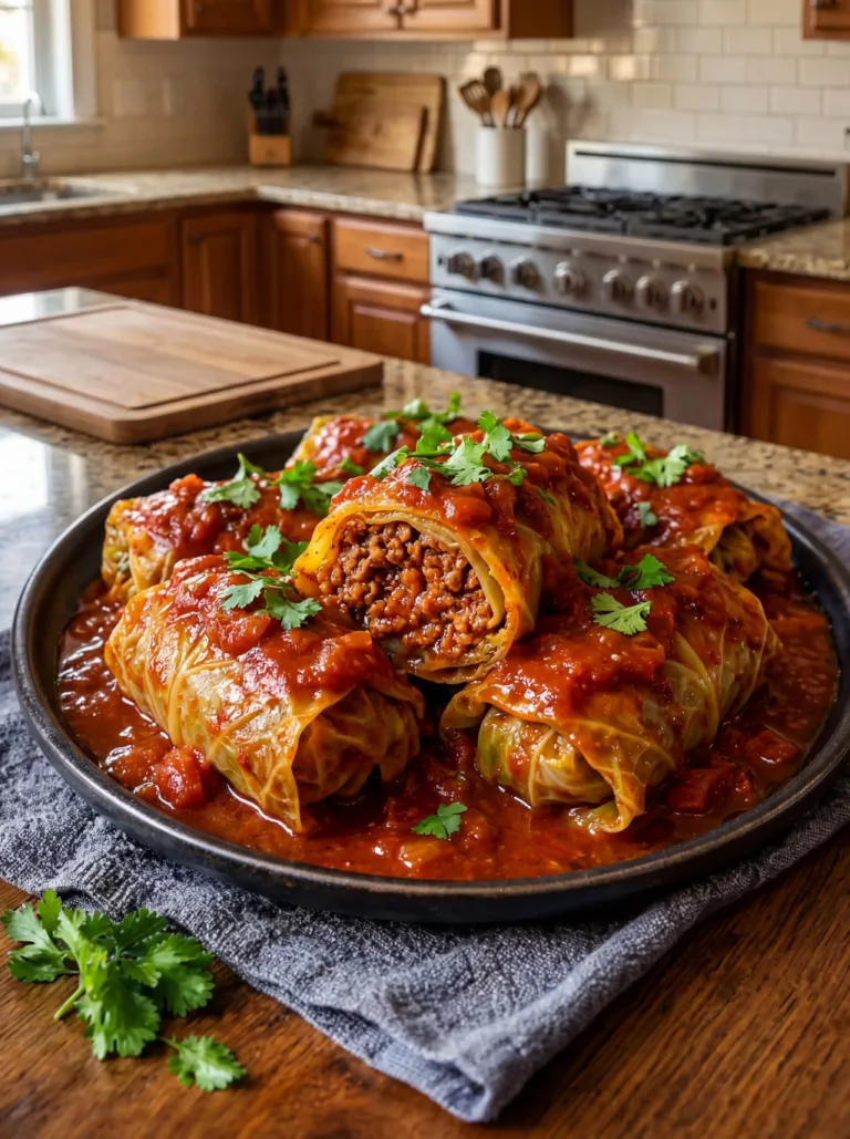 Delicious old-fashioned cabbage rolls filled with savory ingredients, ready to serve.