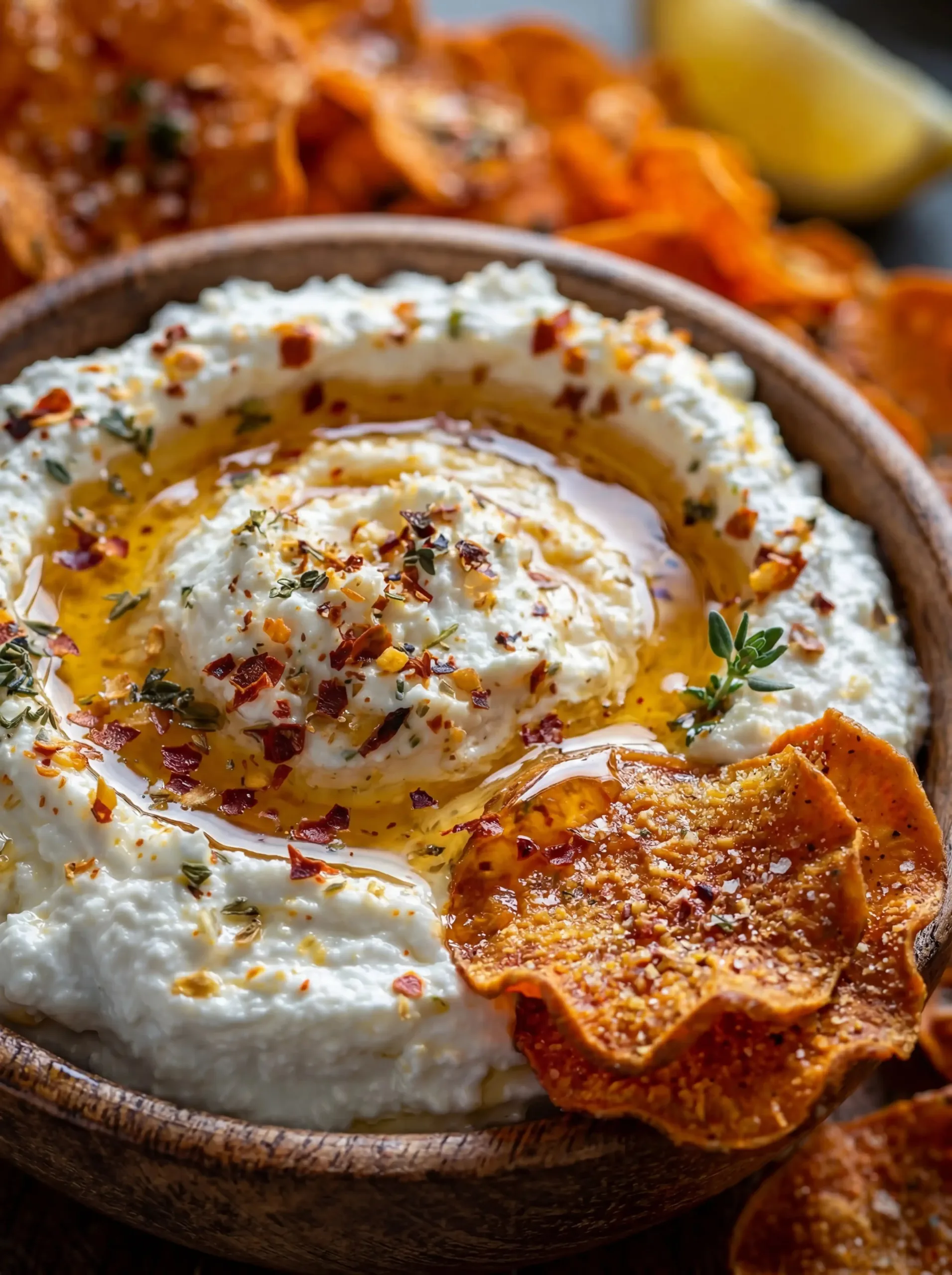 Platter of whipped feta served with honey dip and fresh herbs.