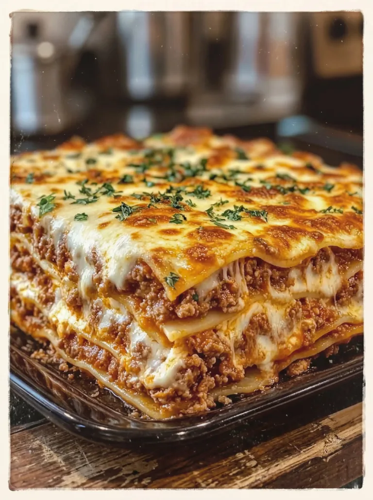 Delicious world’s best lasagna served on a plate with herbs garnish
